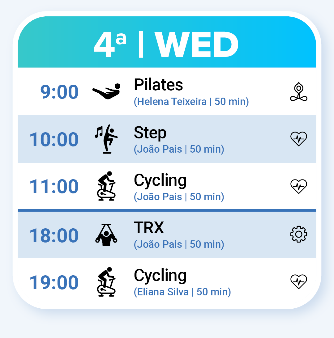 Fitness Classes on Wednesday: Pilates, Step, Cycling, TRX, Circuit Training and Cycling.