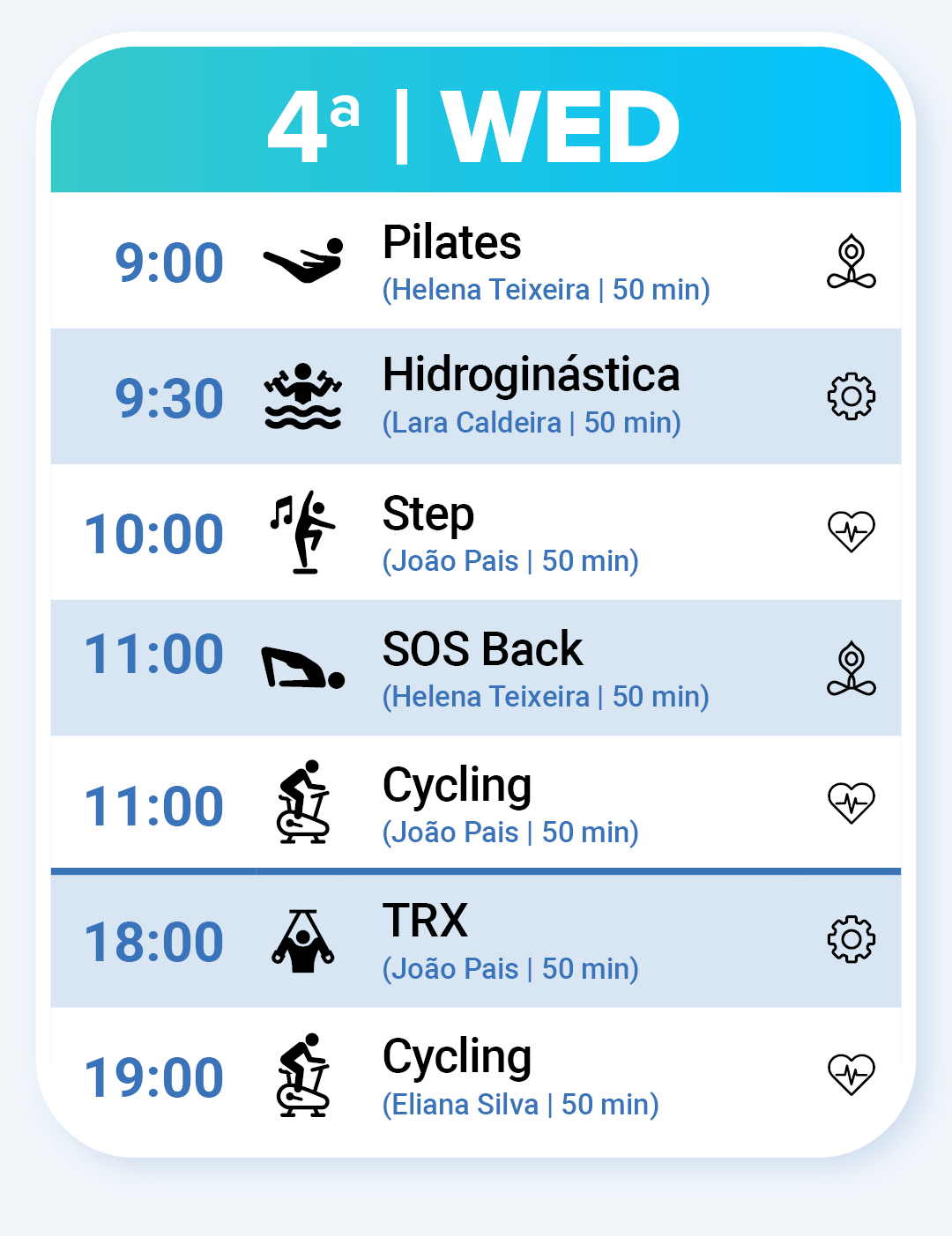 Fitness Classes on Wednesday: Pilates, Step, Cycling, TRX, Circuit Training and Cycling.