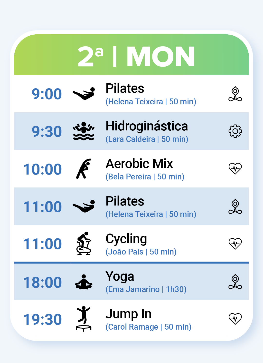 Fitness Classes on Monday: Pilates, Aerobic Mix, Cycling, YOURFIT Mind and Jump In.