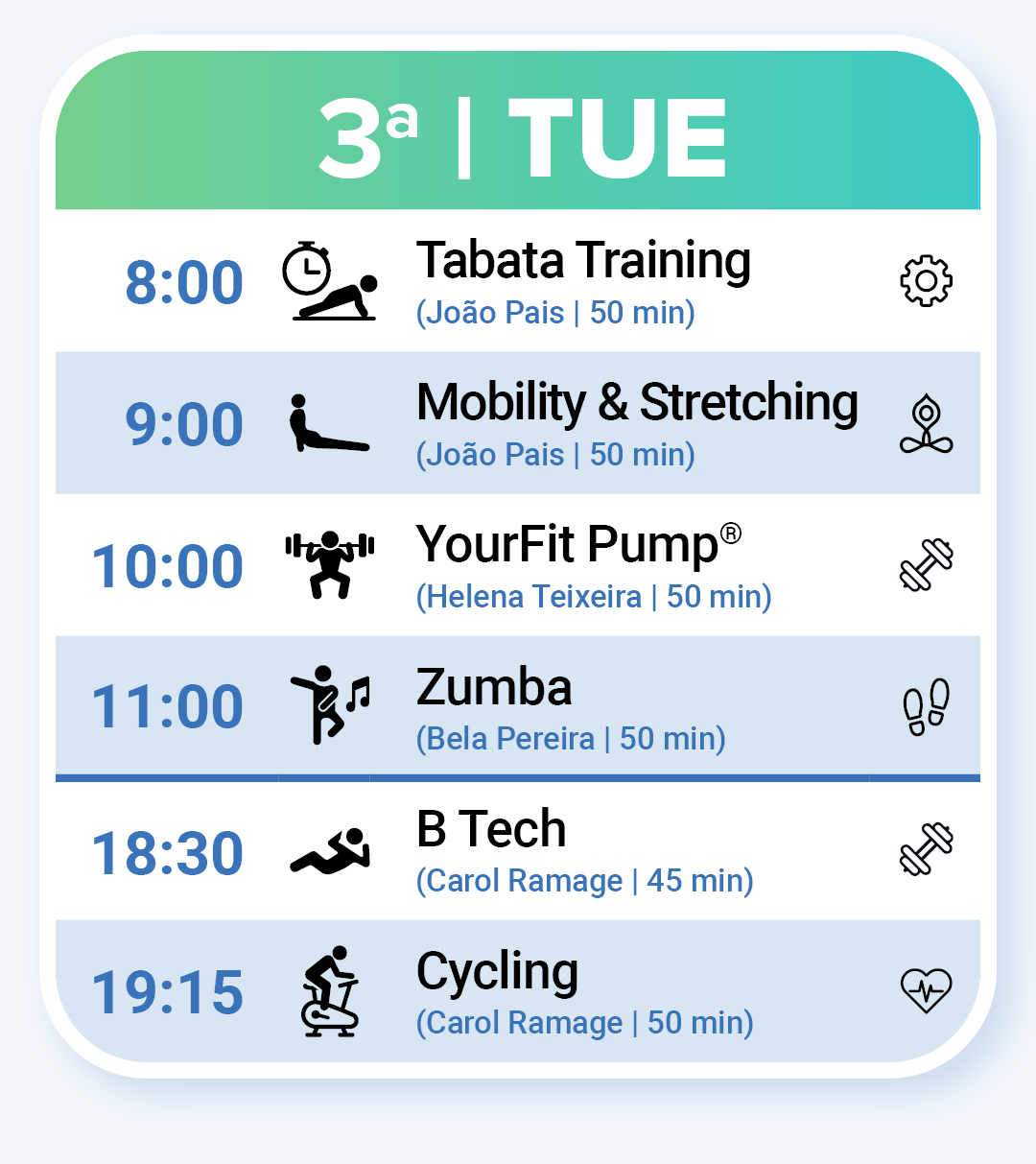 Fitness Classes on Tuesday: Tabata Training, Mobility & Stretching, YOURFIT Pump, Zumba, B Tech, Cycling and Yoga.