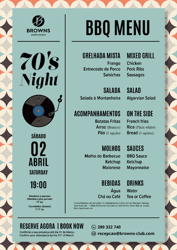 70's night + BBQ no dia 2 de Abril