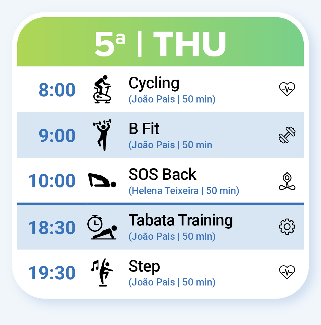 Fitness Classes on Thursday: Cycling, B Fit, SOS Back, Tabata Training and Step.