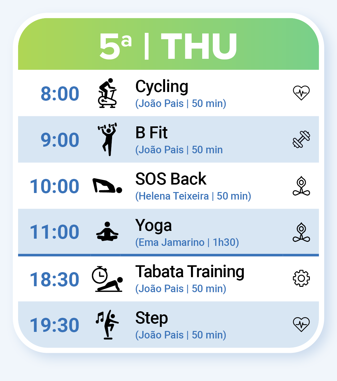 Fitness Classes on Thursday: Cycling, B Fit, SOS Back, Tabata Training and Step.